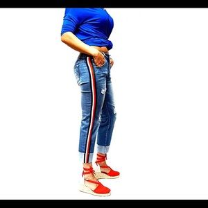 Womens Casual Distressed Stripe Mom Denim Jeans